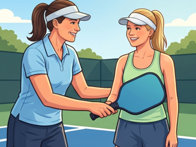 Beginner pickleball players high-fiving on court