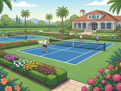 Country club clubhouse with pickleball courts